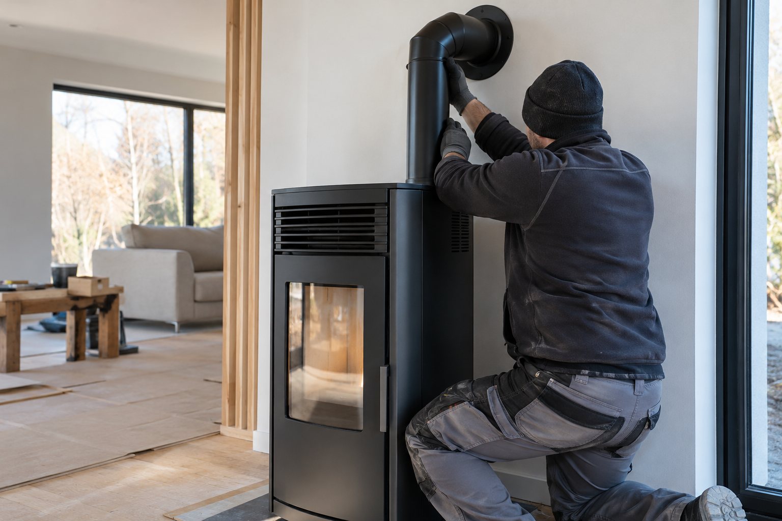 Installer un poêle à granulés : un professionnel raccorde un tuyau noir à un poêle